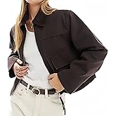 Lingjiazi Womens Cropped Jacket Contrast Collar Zip Up Utility Coat Barn Jacket Outwear with Pockets
