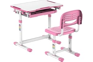 Mount-It! Kids Desk and Chair Set, Height Adjustable Sturdy, Girl Desk, Child Study Desk and Chair Set for Boys, Table for Art, Home School, Drafting, Ergonomic with Storage Drawer, Pink
