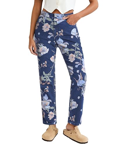 Womens Straight Leg Jeans Floral Print Baggy Boyfriend High