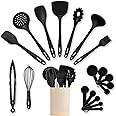 Silicone Kitchen Utensils Set & Holder: Cooking Utensils Set - Kitchen Essentials for New Home & 1st Apartment- Silicone Spatula Set, Cooking Spoons for Nonstick Cookware (Silicone, Black)