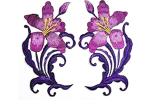 PARITA Flowers Patch 1 Pair Purple Orchid Flowers Sew-on Iron-on Patches Garden Plant Embroidered Applique for Decor T-Shirt Jeans Hat Bag Costume Great Gift