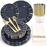 Glowserve 175 Plastic Dinnerware Set, Disposable Dinnerware Set for 25 Guests Include 50 Plastic Plates,25 Silverware Set,25 Cups and 25 Napkins for Christmas,Party,Wedding(Navy Blue and Gold)