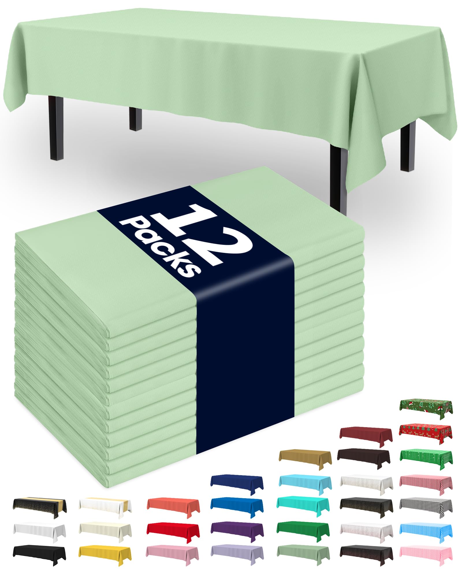Pureegg Plastic Table Cloth Disposable 12 Pack, 54 x 108 Inch Table Cloths, Easter Party, Decorative Tablecloths, Rectangle, Light, Pastel Plastic Cover, Leakproof & Sturdy, Sage Green