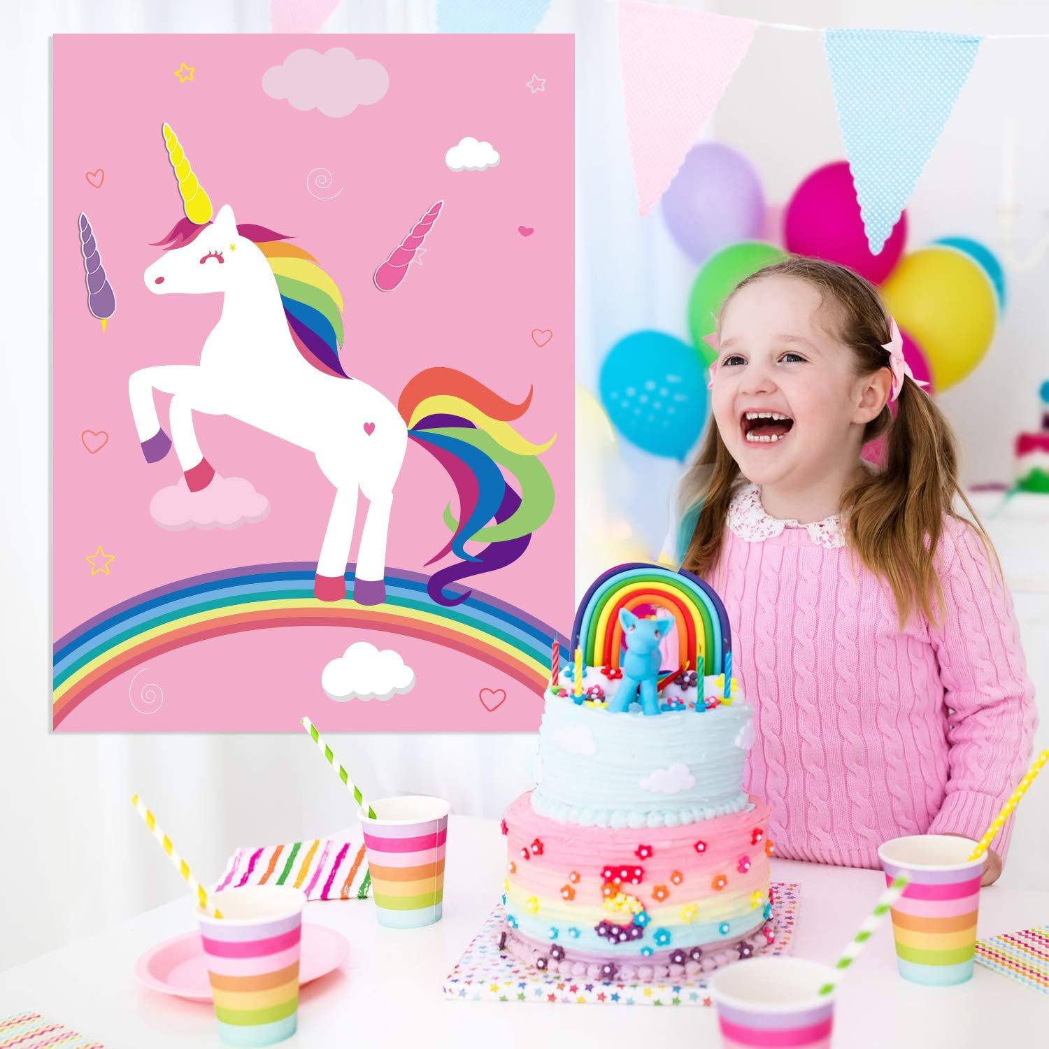 FEPITO Birthday Party Game for Kids Pin The Horn on Unicorn-game Poster with 24 Horn Stickers Pin The Tail Game for Girl Unicorn-Birthday Rainbow Party Favors Supplies Wall Home Room Decorations - Image 5