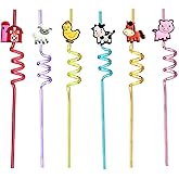 24pcs (6 Styles) Drinking Plastic Straws Reusable Farm Animal Design Reusable Straws with 2 Brushes for Kids Birthday Pool Underwater Party Decorations Gift (Farm Design 24pcs)