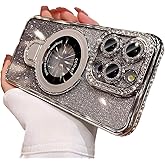 AuroiCCY Magnetic Ring Stand Glitter Case for iPhone 15 Pro Max, (Compatible with Magsafe) Luxury Bling Diamond Rhinestones Cover with Camera Lens Protector for Women Girls,Silver