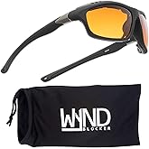 WYND Blocker Airdam Sunglasses Motorcycle Riding, Driving, Fishing, Boating Wrap (Black Matte, Blue Blocking)