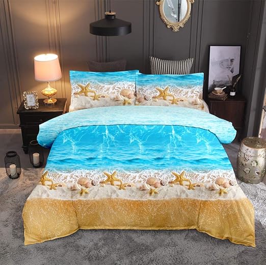 Kids Bedding Zipper Closure 3 Pieces Feelyou Beach Duvet Cover Set For Boys Girls Kids Full Size Blue Sea Ocean Bedding Set 3d Starfish Print Cute Animal Microfiber Polyester Comforter Cover With