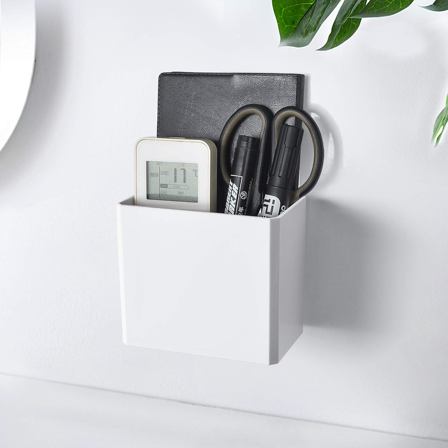 Toothbrush Remote Media Control Holder Makeup Brush Organizer Caddy Phone Wall Charger Hanger Container Kitchen Office Bathroom Storage Supply Wall Mount Adhesive Plastic - 1 Pack