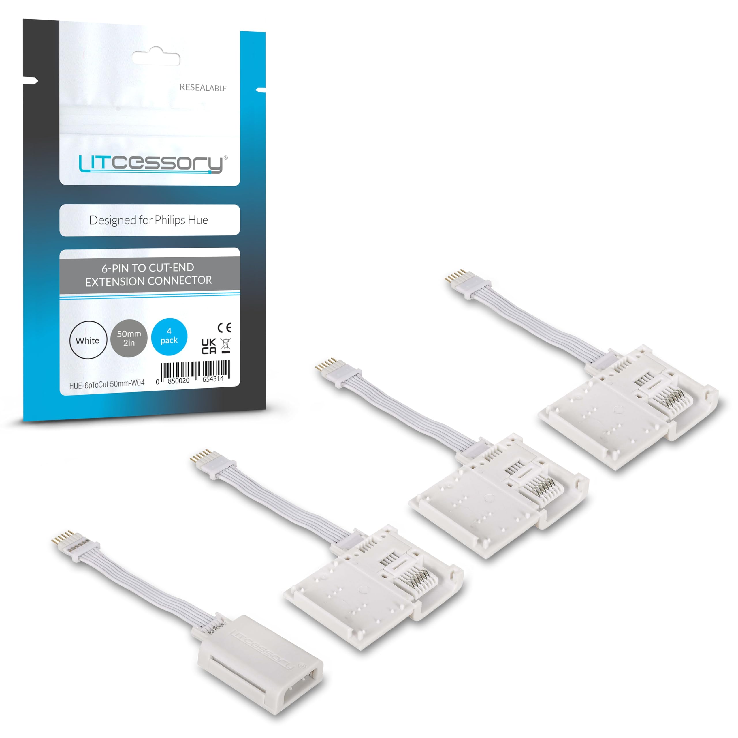 Litcessory 6-Pin to Cut-End Extension Connector for Philips Hue/Solo Lightstrip (50mm, 4 Pack, White - MICRO 6-PIN V4 / Solo Lightstrip)