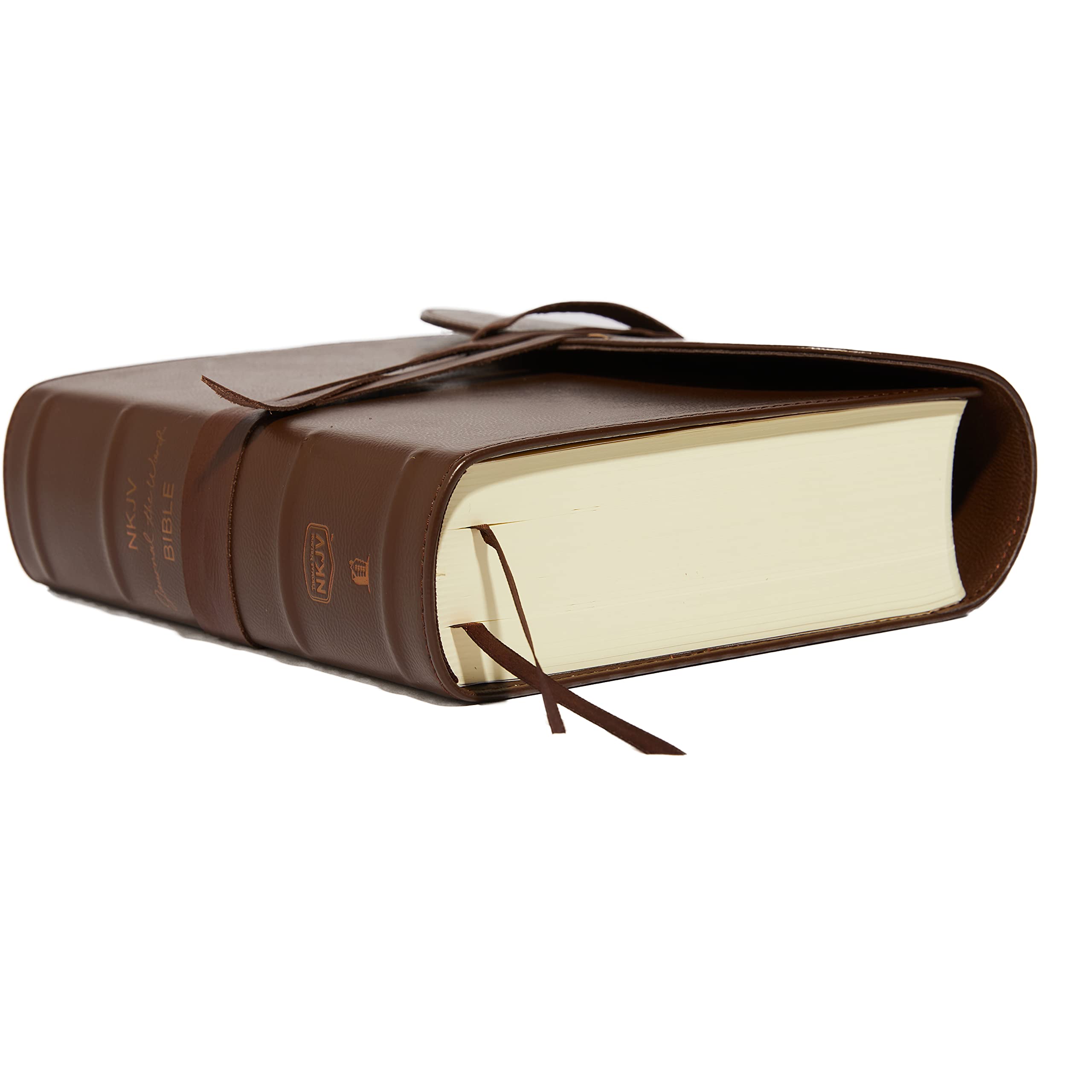 NKJV, Journal the Word Bible, Large Print, Premium Leather, Brown, Red Letter: Reflect on Your Favorite Verses