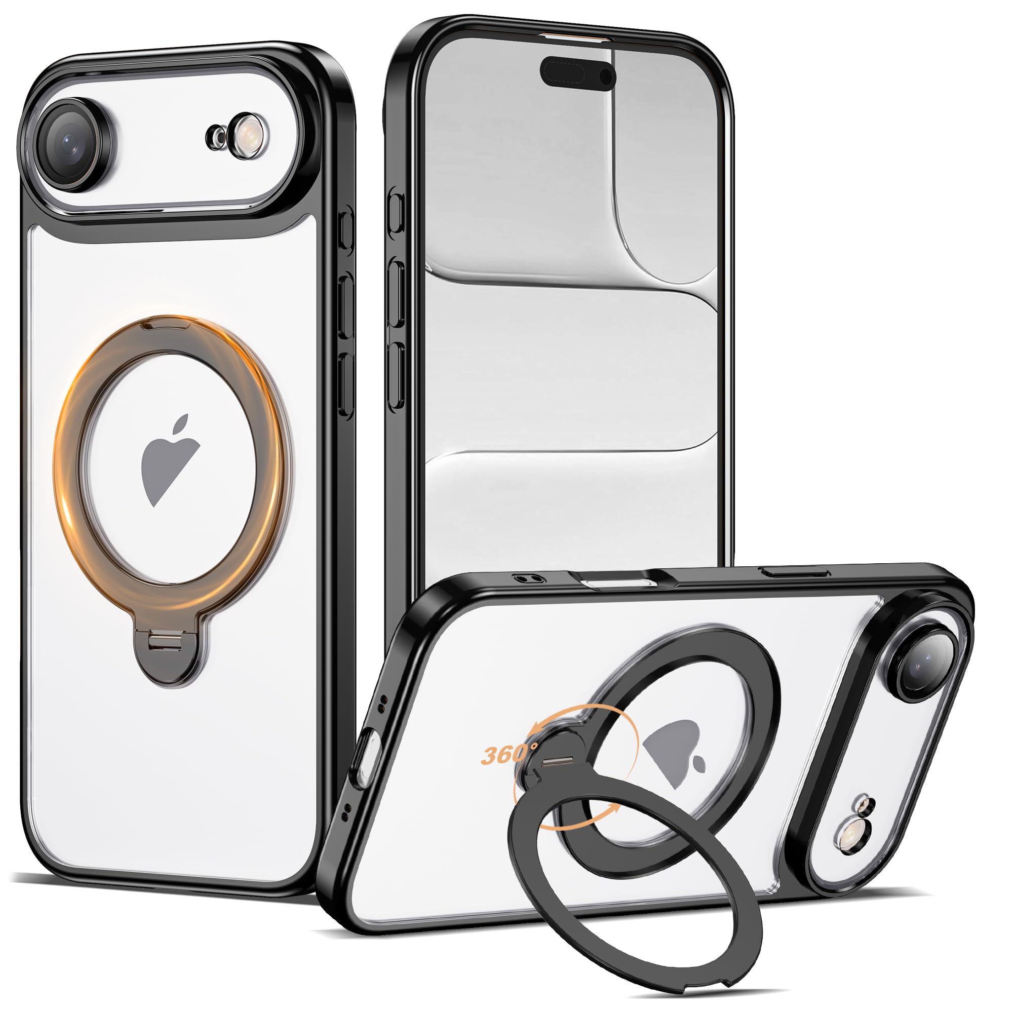 Photo 1 of AmoraAqua Compatible with iPhone 17 Air Case with 360° Spin Magnetic Ring Stand [Compatible with Mag-Safe] Full Camera Lens Protector Plating Clear Phone Case for iPhone 17 Air 6.5", Black