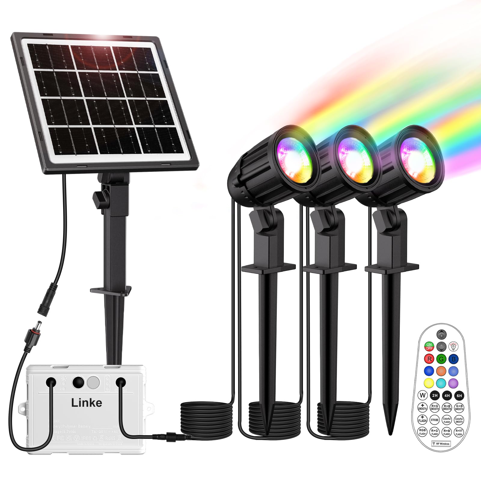 Linke Solar Spot Lights Outdoor Garden, 3 in 1 Colour Changing LED RGB Solar Powered Spotlights Waterproof IP66 Spike Lights Remote Control Dusk to Dawn Landscape Spotlight for Pathway