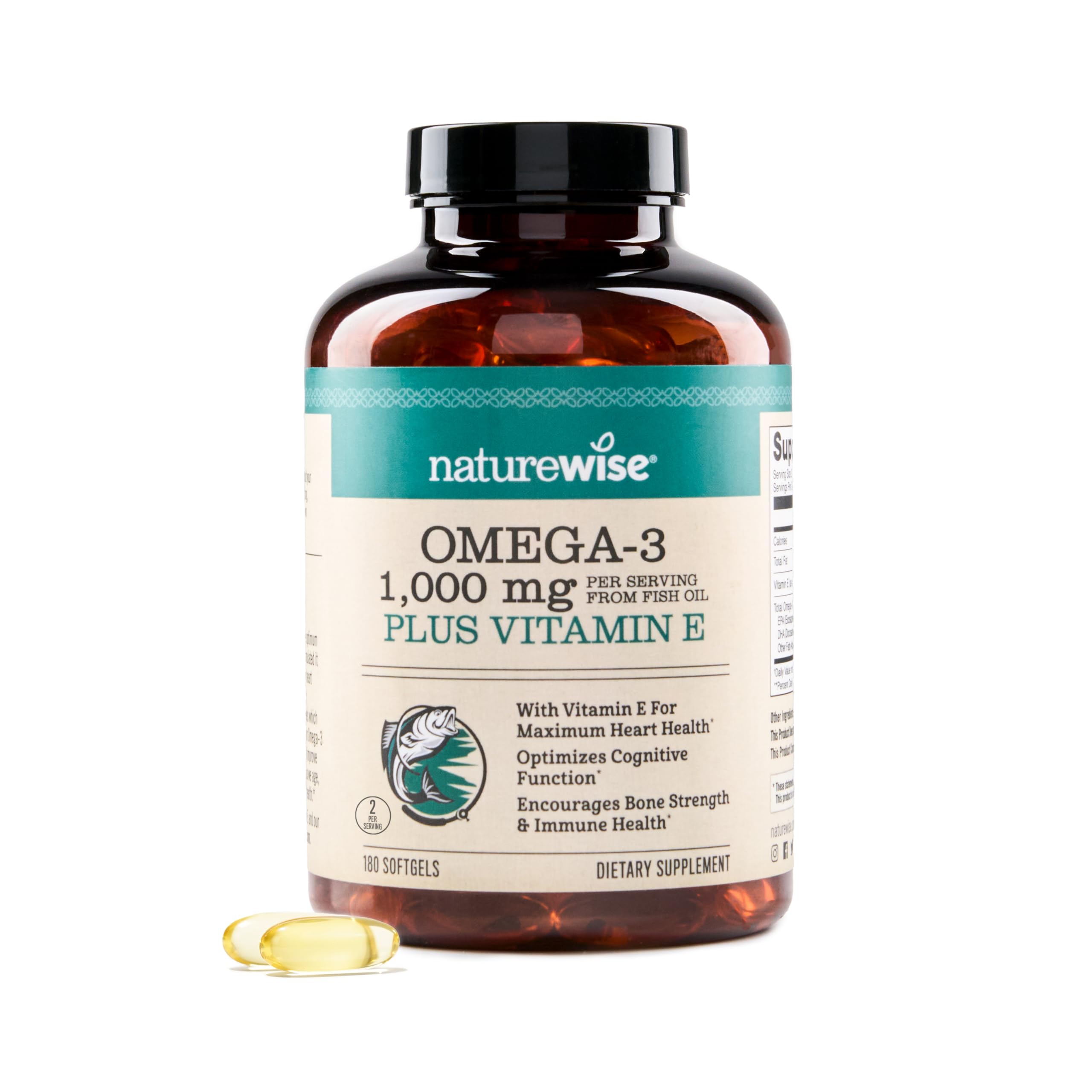 NatureWise Extra-Strength Omega 3 Fish Oil Supplement - 1000mg per Serving - 600 EPA & 400 DHA and Vitamin E - Support for Heart & Brain Health - Lemon Flavor, GMO-Free - 180 Softgels[3-Month Supply]