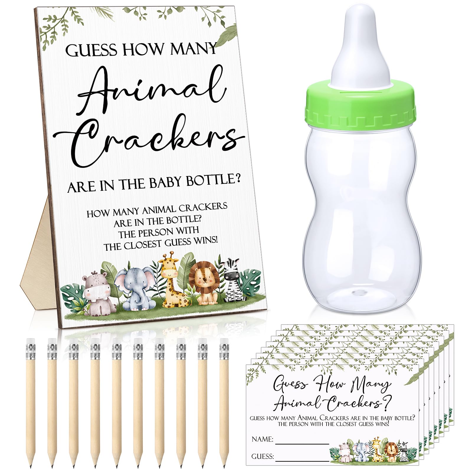 Photo 1 of Dandat 122 Pcs Woodland Safari Baby Shower Games Guess How Many Crackers Sign 100 Guessing Cards Milk Bottle 20 Pencils for Animal Jungle Theme Baby Shower Gender Reveal Party Decor(Animal)