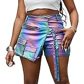 Vakkest Women's Metallic Cargo Shorts Summer PU Leather Irregular Split with Pockets Stretchy Y2K Streetwear Skirt Skorts