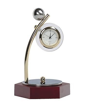 Deals Outlet Office Clock Showpiece Made With Crystal,Brass & Stainless Steel,Gold Plated Trophy Style With Silver Plated Metal Stand & Wooden Base