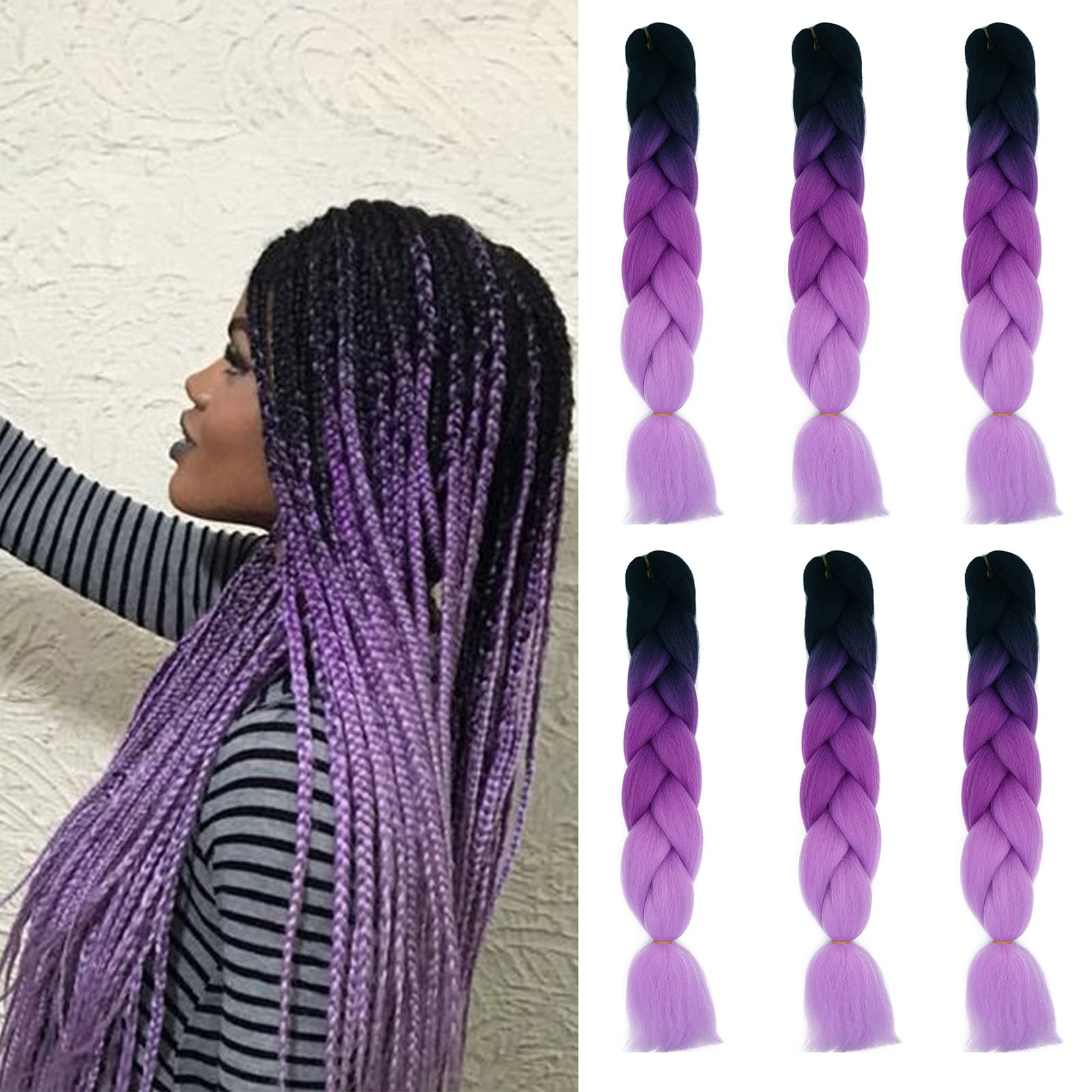 Cybelleza 6 Pcs /600g 24" Braiding Hair Extensions Jumbo Braids Synthetic Crochet Hair Afro Box Braid Heat Resistent (Black&Purple&Light Purple)