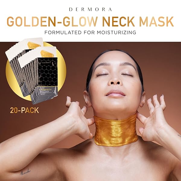 DERMORA SKIN TREATMENT MASK GOLDEN GLOW NECK MASK – 20 PACK NECK GEL MASKS – REJUVENATING NECK MASKS FOR TECH NECK, WRINKLES, TIGHTENING, FIRMING