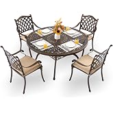 AIWOEN 5-Pcs Cast Aluminum Patio Dining Set for 4, 54" Round Table,Bronze | Outdoor Furniture Set Include Dining Table and 4 Stackable Chairs with Cushions &amp; Umbrella Hole