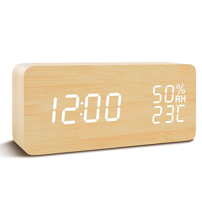 FiBiSonic Wecker Digitale Tischuhr LED Datum Feuchtigkeit Temperatur Holz Standuhr Bambus Weiß