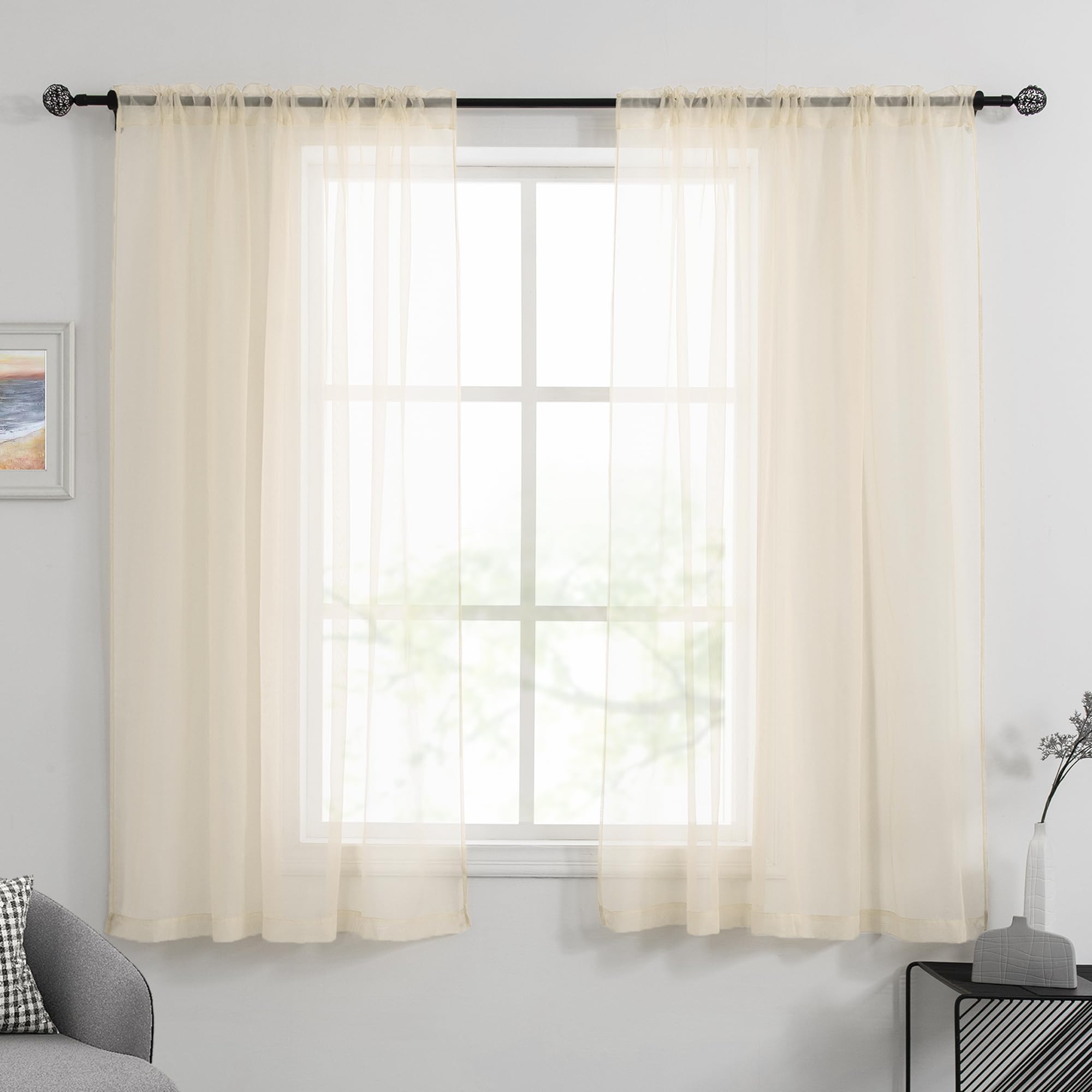 HUTO 2 Panels Beige Peach Sheer Curtains 45 Inch Length Kitchen Curtains Transparent Rod Pocket Voile Drapes for Bathroom Living Room 52 inch Width