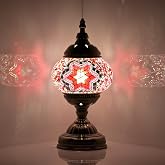 GOGERS Turkish Moroccan Table Lamp Lantern with Handmade Mosaic Glass Lampshade Tiffany Style Bohemian Stained Glass Decorative Desk Lamps Bedside Night Lights for Bedroom (Pink)