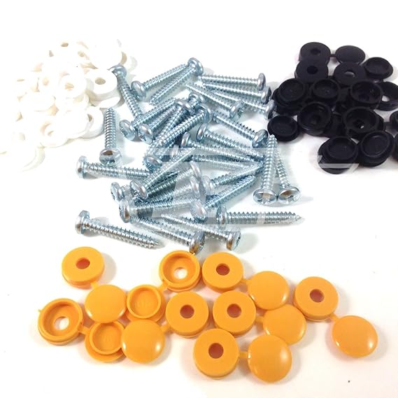 NUMBER PLATE CAR FIXING FITTING KIT SCREWS & CAPS X 32, YELLOW BLACK