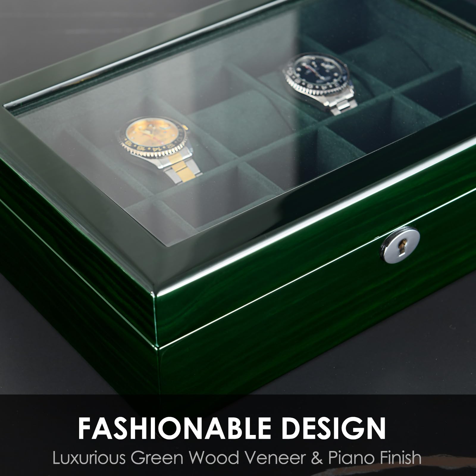Watch Box for Men 10 Watches Storage Organizer Case, Smart Watch Display, Green Wood with Soft Suede Interior, Large Glass Window, Gift for Women and Man (10W-GR)