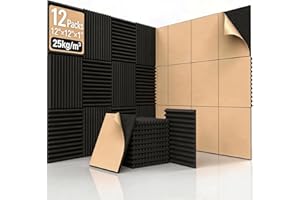 HERTBER 12 Pack Self-Adhesive Acoustic Foam Panels, 12" x 12" x 1" Sound Proofing Padding for Wall, High Density Sound Absorb