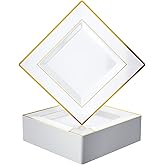 JOLLY CHEF 60 Pack Plastic Dinner Plates- Square Gold Plastic Plates with Elegant Gold Rim 9.5 Inch Disposable for Wedding, Birthday, Halloween and Party