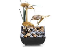 AMOOTEK Tabletop Fountains Indoor Lotus Leaf Relaxation Fountains Tabletop Waterfall Decoration Fountain Includes Many Natural River Rocks and Colorful Scene Light