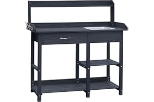 MUPATER Potting Bench Garden Table for Outdoors with Removable Stainless Sink, Planting Work Bench with Storage Shelves and Drawer, Grey