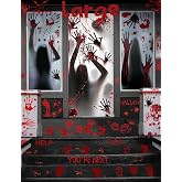 WOHOHOHO 202Pcs Horrific Ghost Bloody Halloween Decorations Set | 2 Giant Ghost Door Covers, 6 Window Cling Sheets and 3 Scary Floor Sticker Sheets for Indoor Halloween Party Home Decor