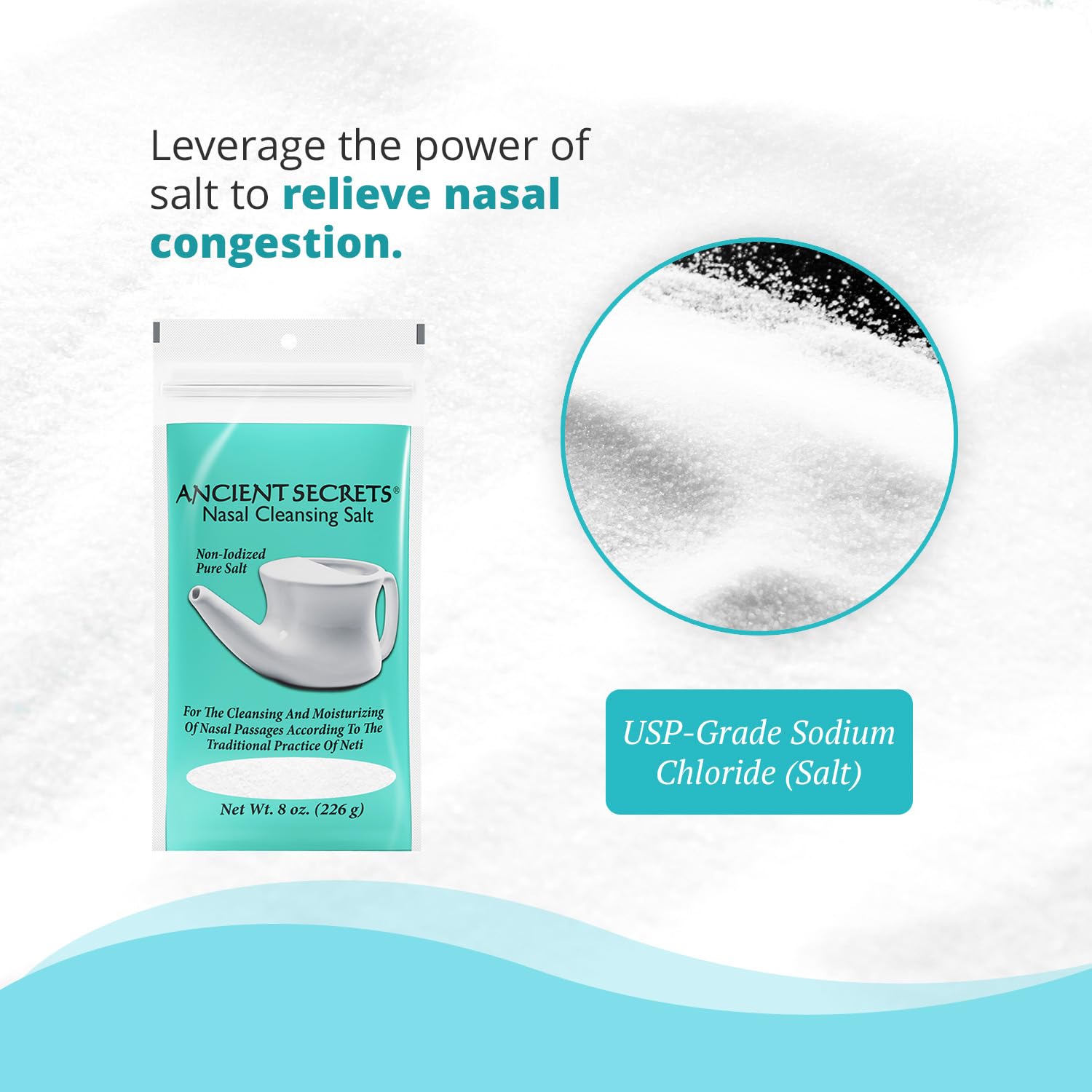 ANCIENT SECRETS Nasal Cleansing Salt, Non-Iodized – USP-Grade Sodium Chloride for Any Neti Pot, Sinus Irrigation System, 8 Oz