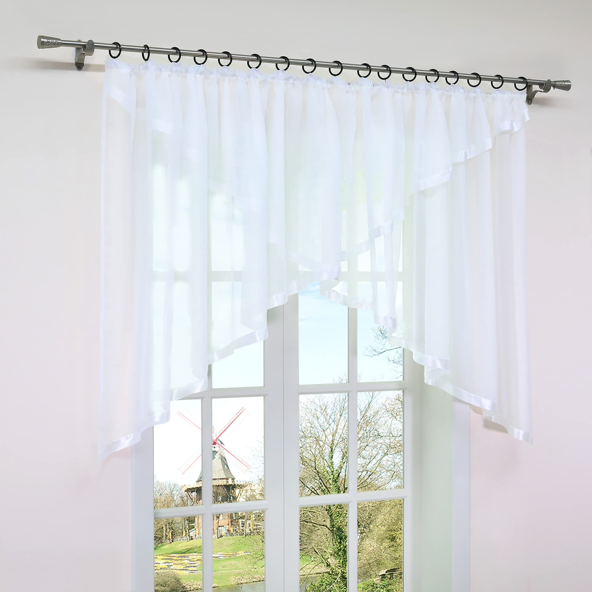 HongYa Ruffle band envelope curtain transparent voile curtain with satin ribbons H/W 120 x 400 cm white