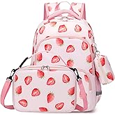 MIRLEWAIY Backpack for School Girls Kids Book Bag Set with Insulated Lunch Box Pencil Bag, Pink Strawberry