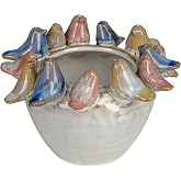 Creative Co-Op Stoneware Planter with Birds on Rim and Reactive Glaze, Multicolor