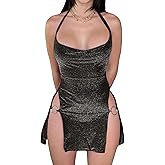 Women's Sexy Glitter Summer Halter Bodycon Dress Lace Criss Cross Spaghetti Mini Dress Backless Cowl Neck Party Dresses