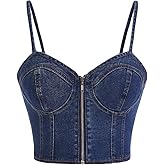 Milumia Women's Denim Bustier Crop Top Zip Front Spaghetti Strap Jean Cami Tank Tops