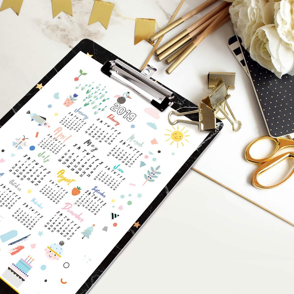 WAVEYU Cute Hardboard Office Clipboard with Low Profile Clip for Students Classroom School and