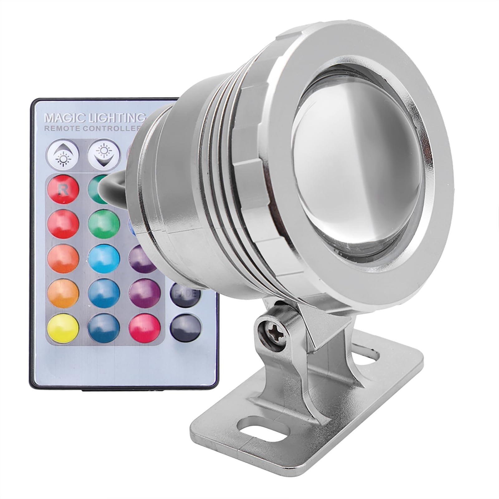 10W RGB Underwater Light, IP65 LED Underwater Spotlight with 9 LEDs and Remote Control, Outdoor Pool Light AC 85-265V, for Pools, Rockeries, Fountains, Aquariums(silver-AC/DC12V)