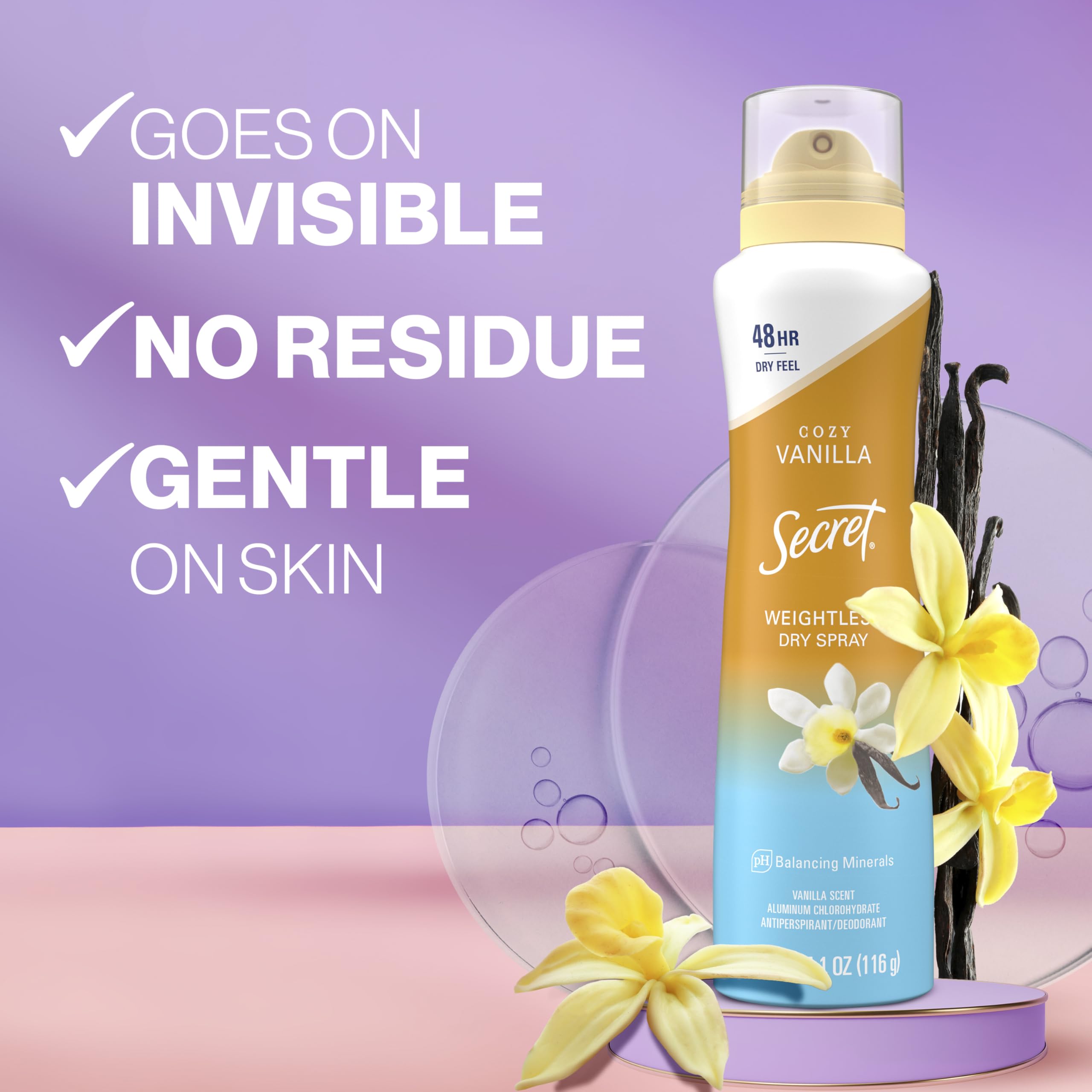 Secret Dry Spray Antiperspirant Deodorant for Women, 48hr Weightless Sweat & Odor Protection, Gentle on Skin, Cozy Vanilla Scent, 4.1 oz (Pack of 3)