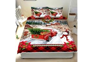 GEEMBI Christmas Decorations for Home for Women, Men, Kids - Snowman Pattern Christmas Bedding - Red Truck Bedroom Decor for Christmas Holiday - Queen Size Quilt Bedding Set & Pillow Covers