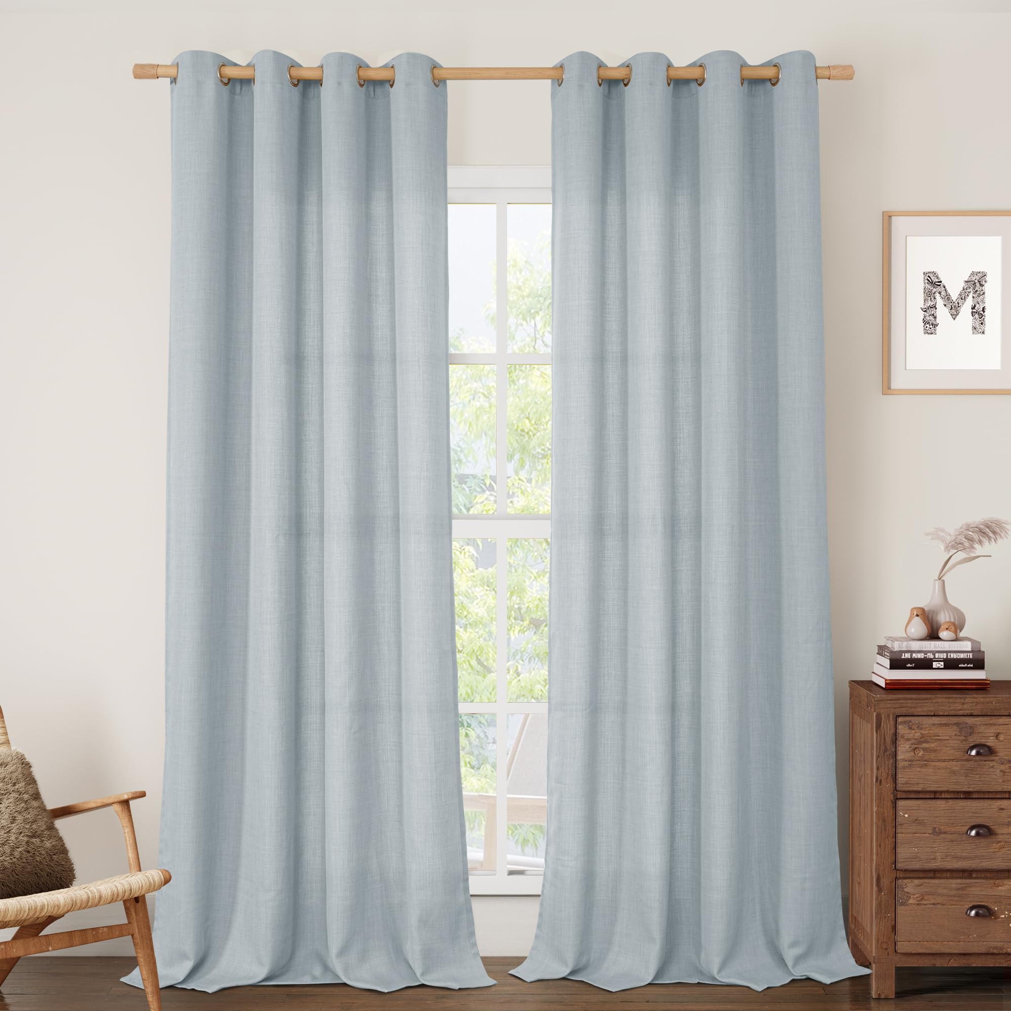LAMIT Linen Curtains 95 Inch for Bedroom, Grommet Thick Linen Textured Sheer Curtains Light Filtering Privacy Window Drapes for Living Room, Set of 2 Panels, 52 x 95 Inch, Haze Blue