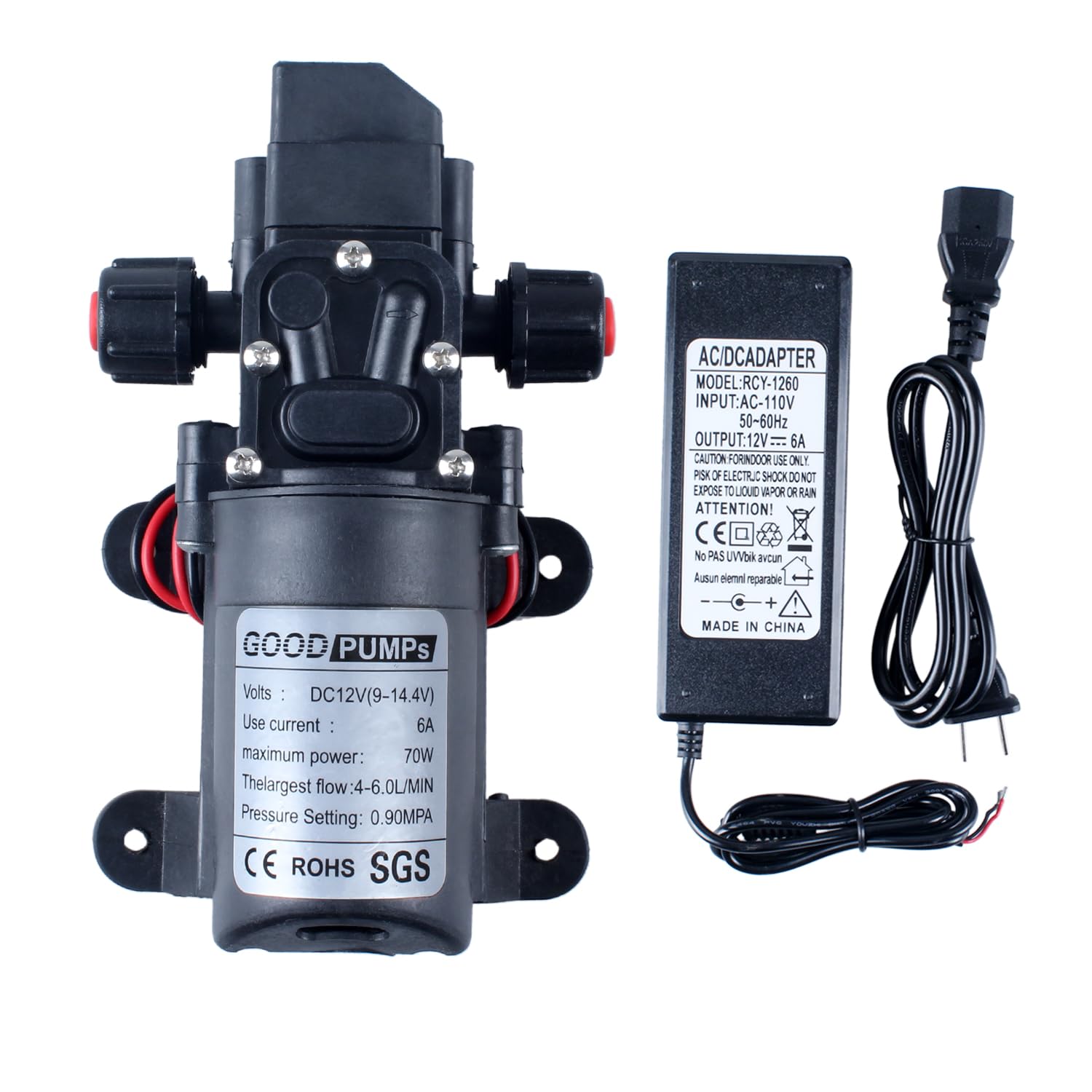 Photo 1 of DIANQI Water Pressure Pump Sprayer Self Priming Pump 12v DC 70W 0.9MPA 130psi Home Booster Connected to 11.5mm/0.45inch 17.3mm/0.68inch Pipe for 4-6L/Min with Power Adapter