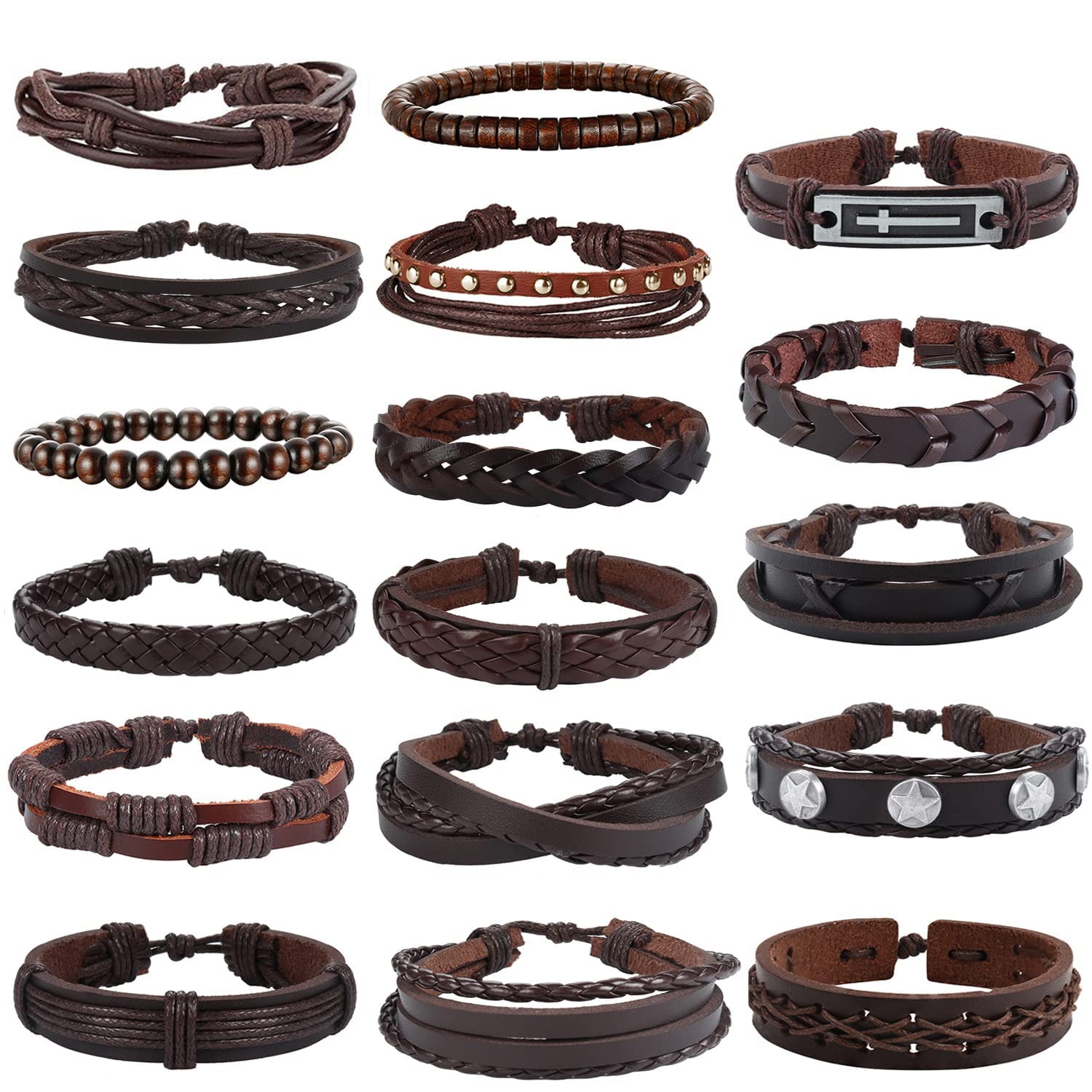 MILACOLATO Mens Leather Bracelet 17 Pcs Bracelet For Men Black Adjustable Leather Bracelets Punk Braided Women Rope Men's With Beads Wristbands Vintage Bracelets Set Wrist Wrap For Men