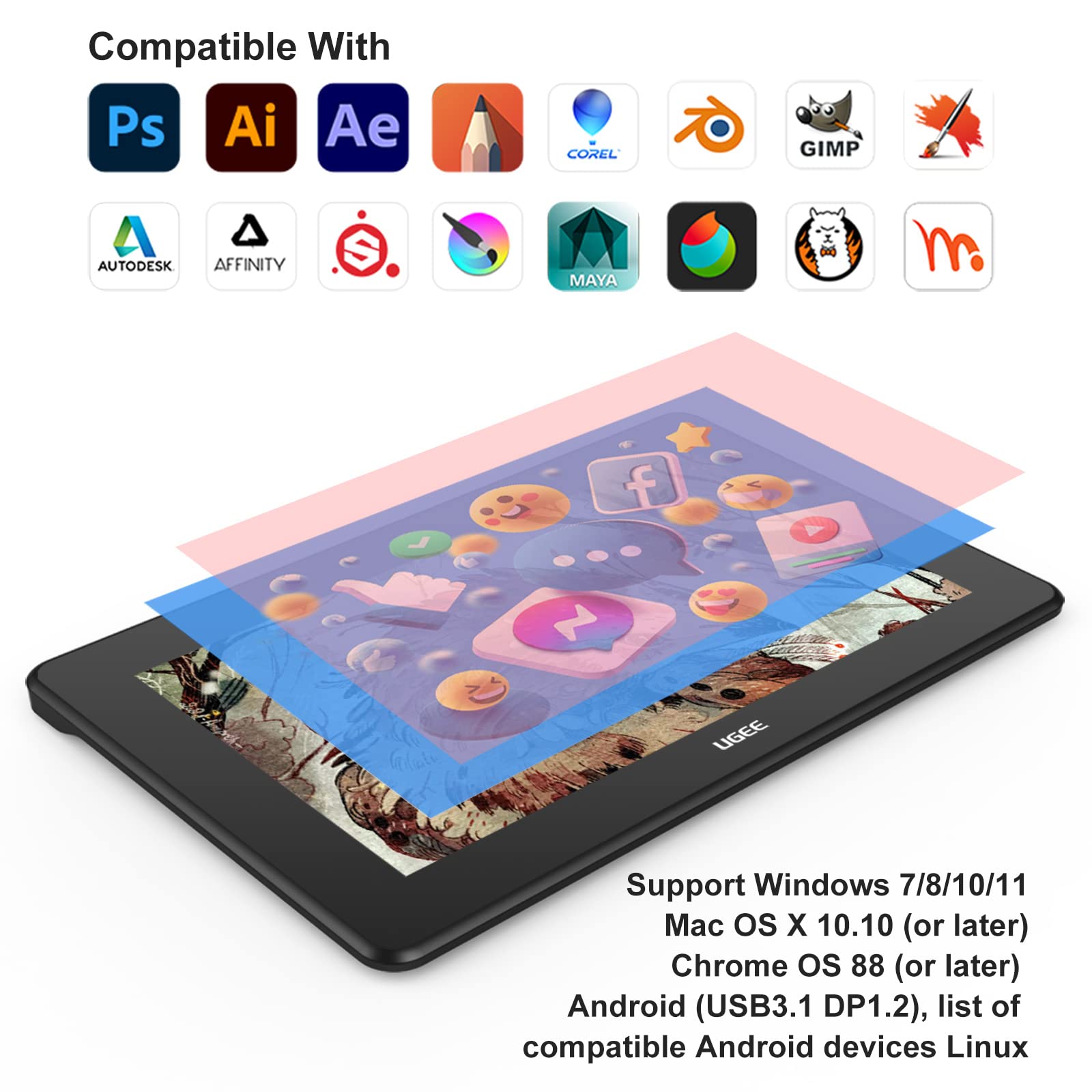 Os Draw Mua UGEE U1600 Drawing Tablet, 15.4 inch FHD Drawing Monitor 90% NTSC ...