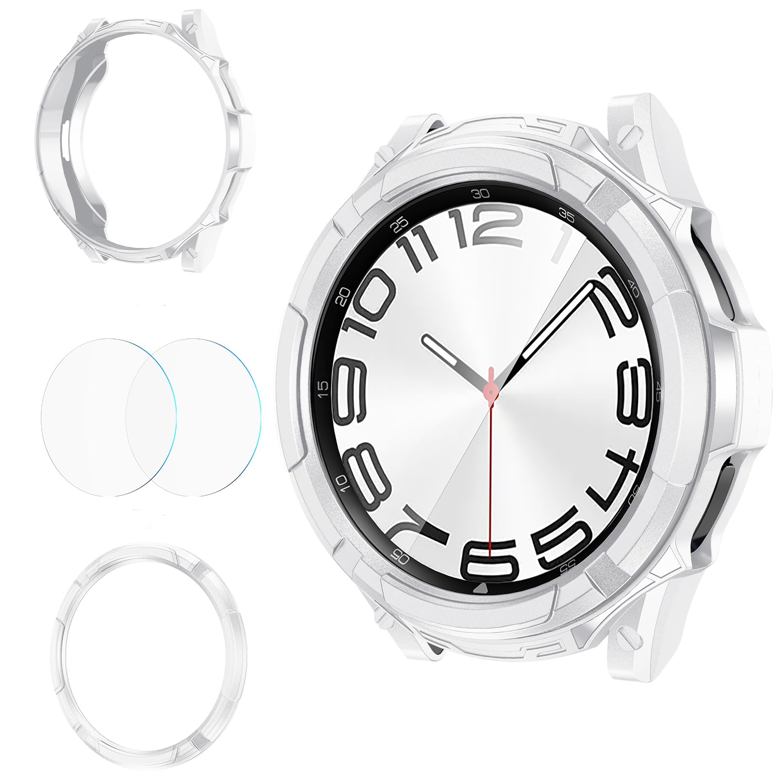 Photo 1 of Goton 3 in 1 Accessories for Samsung Galaxy Watch 6 Classic Screen Protector 47mm, Rugged TPU Bumper Case +2 Tempered Glass Screen Protector + Bezel Ring Cover for Galaxy Watch6 Classic 47 mm White