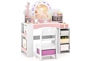 Costzon Kids Vanity, Girls Vanity Set with Lighted Mirror, Bookshelf, Jewelry Storage, Toddler Makeup Vanity Desk Dressing Table, Wooden Kids Vanity Table and Chair Set (White)